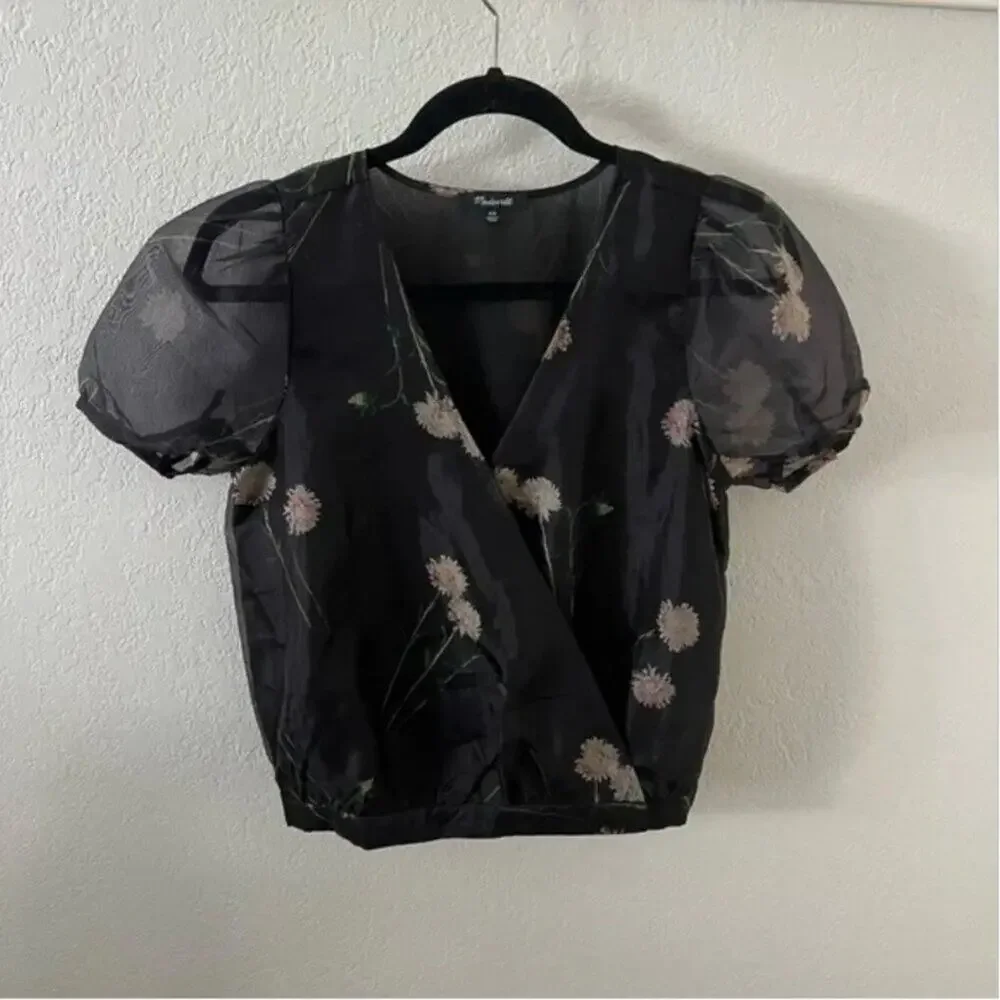 Madewell Silk Organza Puff-Sleeve Wrap Top in Aster Portrait